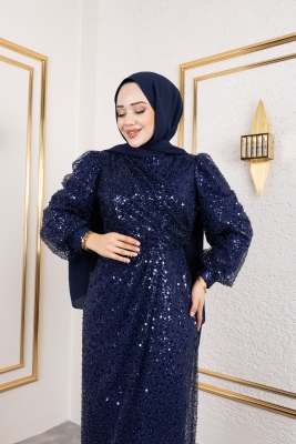 Drape İşlemeli Pullu Abiye 8012 Lacivert 